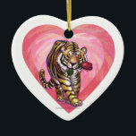 Ornamento De Cerâmica Dia de os namorados Tiger<br><div class="desc">Parada Animal O Tigre Romântico Personalizado Dons e Acessórios para o Dia do Amor e do Coração apresenta nosso trabalho de arte divertido de um tigre giro segurando um rosa bonito na boca com corações roxos, vermelhos e cor-de-rosa em camadas atrás dela criado pelo nosso talentoso artista, Traci Van Wagoner....</div>
