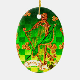 ORNAMENTO DE CERÂMICA DIA DE SÃO PATRÍCIO IRLANDÊS HARP, VERDE DOURADO S