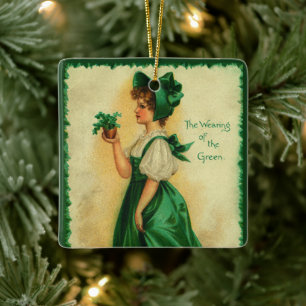 Ornamento De Cerâmica Dia de São Patrício Vintage Moça Vestindo Verde
