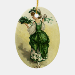 Ornamento De Cerâmica Dia de São Patrício Vintage, Mulher Trevos Verdes