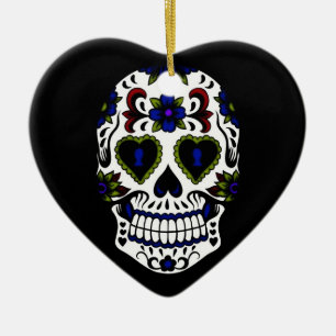 Ornamento De Cerâmica Dia do Grunge do azul inoperante & vermelho