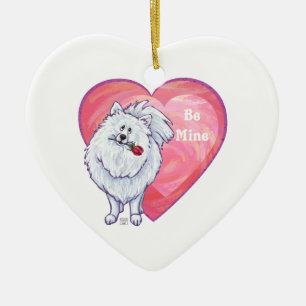 Ornamento De Cerâmica Dia dos namorados branco de Pomeranian