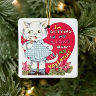 Ornamento De Cerâmica Dia dos Namorados Retrô Gato Antigo Comendo Sorvet