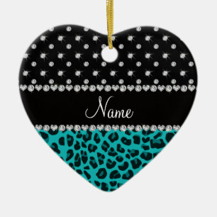 Ornamento De Cerâmica Diamantes negros de leopardo-turquesa com nome per