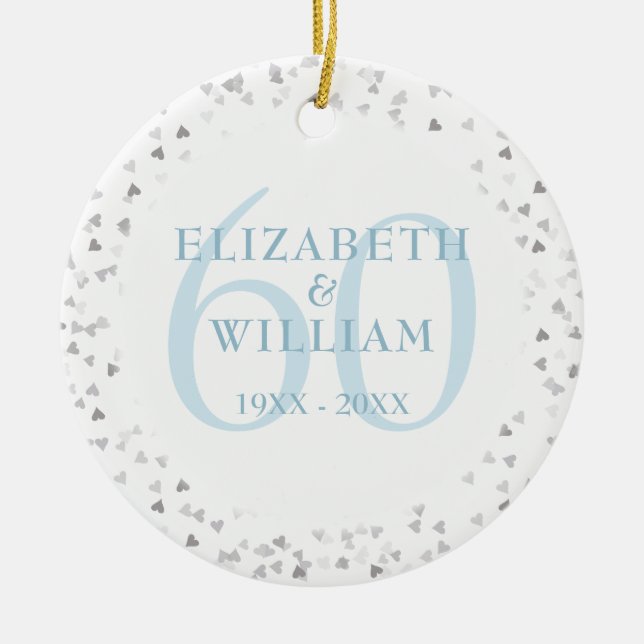 Ornamento De Cerâmica Diamond 60º Aniversário de Casamento Hearts Confet (Frente)