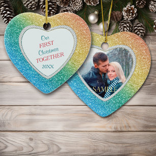 Ornamento De Cerâmica Diamond Rainbow Glitter Foto Primeiro Natal