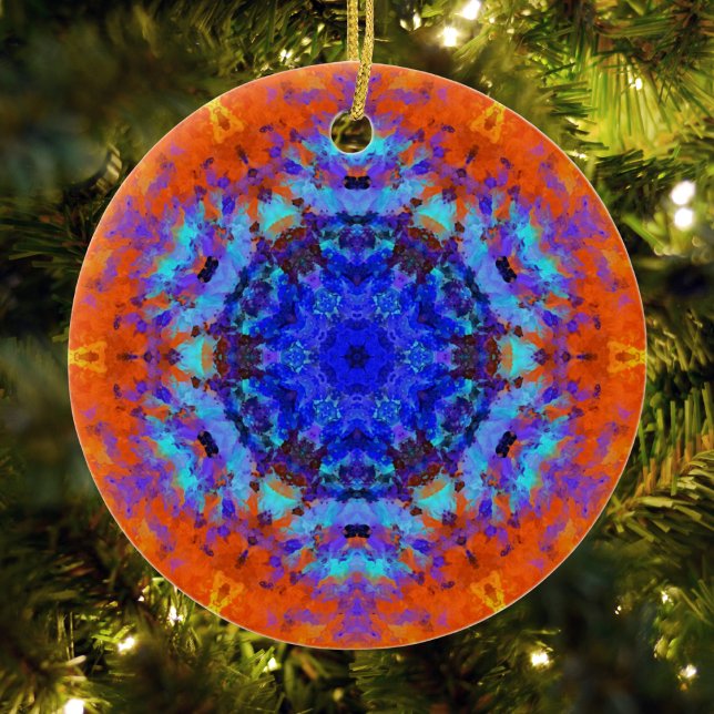 Ornamento De Cerâmica Digital Mandala Blue e Orange (Blue and Orange Digital Paint Mandala Ornament by Wormhole Orbital)