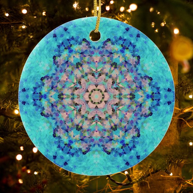 Ornamento De Cerâmica Digital Mandala Blue e Pink (Blue and Pink Digital Paint Mandala Ornament by Wormhole Orbital)