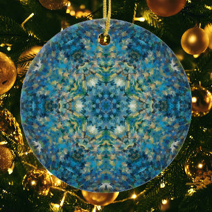Ornamento De Cerâmica Digital Mandala Blue White e Amarelo