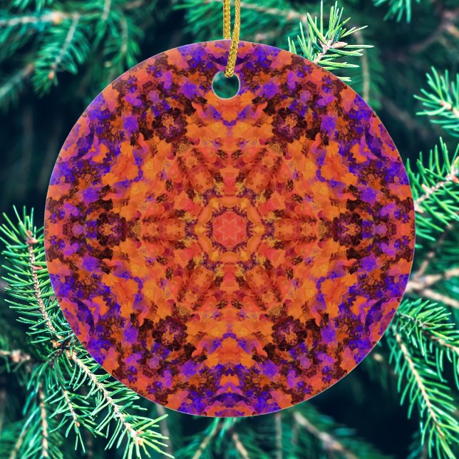 Ornamento De Cerâmica Digital Mandala Laranja Azul e Roxo (Orange and Purple Hexagon Mandala Ornament by Wormhole Orbital)