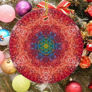 Ornamento De Cerâmica Digital Mandala Laranja Azul e Vermelho