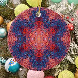 Ornamento De Cerâmica Digital Mandala Laranja Azul e Vermelho