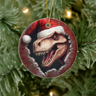 Ornamento De Cerâmica Dino em Santa Hat - 3D