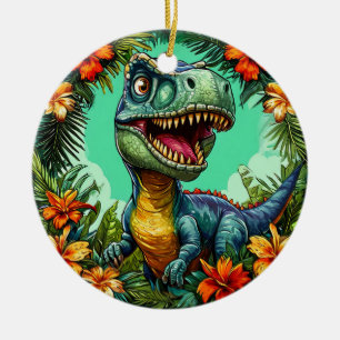 Ornamento De Cerâmica Dinossauro de Desenho Animado e Flores Tropicais V