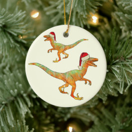 Ornamento De Cerâmica Dinossauro de Natal Velociraptor papai noel