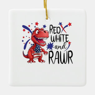 Ornamento De Cerâmica Dinossauro Vermelho Branco Ocidental