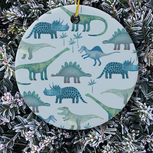 Ornamento De Cerâmica Dinossauros Azuis Cutes (Fun blue dinosaur pattern Christmas ornament)