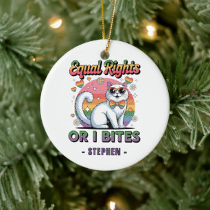 Ornamento De Cerâmica Direitos iguais - Orgulho LGBTQ de Gato Branco Eng