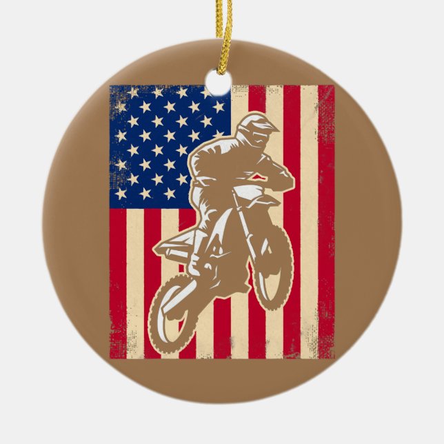 Ornamento De Cerâmica Dirt Bike USA Flag American Flag Motocross (Frente)
