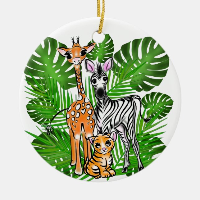 Ornamento De Cerâmica Diversão Amigos Safari giraffe zebra folhas de tig (Frente)