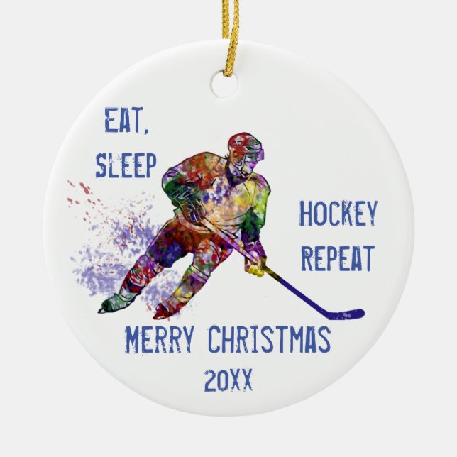 Ornamento De Cerâmica Diversão de Hockey com Sono com Data de Natal Pers (Frente)