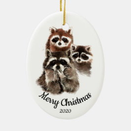 Ornamento De Cerâmica Diversão Personalizada da Família Raccoon de Natal