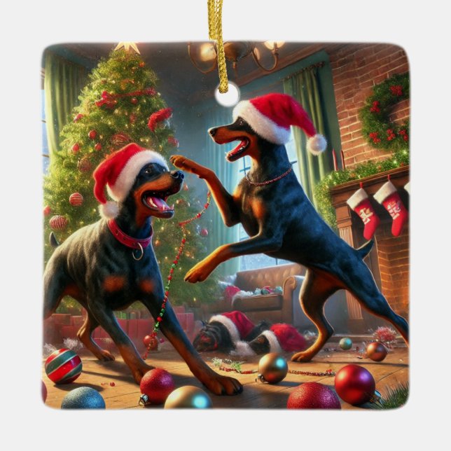 Ornamento De Cerâmica Divertimento de Natal Dobie (Frente)