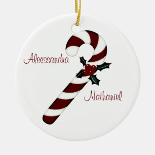 Ornamento De Cerâmica Do "bastão vermelho/branco do primeiro Natal