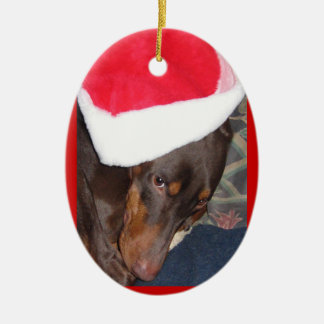 Ornamento De Cerâmica Doberman (herói) no chapéu do papai noel