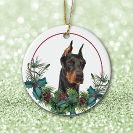 Ornamento De Cerâmica Doberman Pinscher Evergreen Berry Wreath