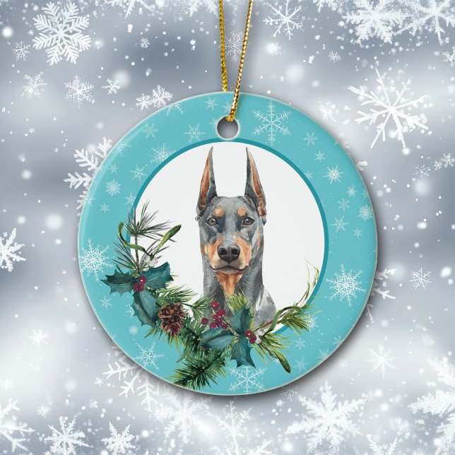 Ornamento De Cerâmica Doberman Pinscher Floco de Neve Azul Evergreen (Criador carregado)