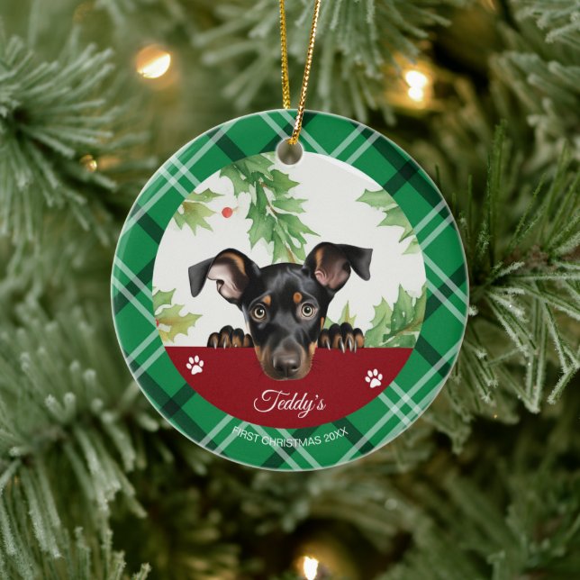 Ornamento De Cerâmica Doberman Pinscher Personalizou o Primeiro Natal (Árvore)