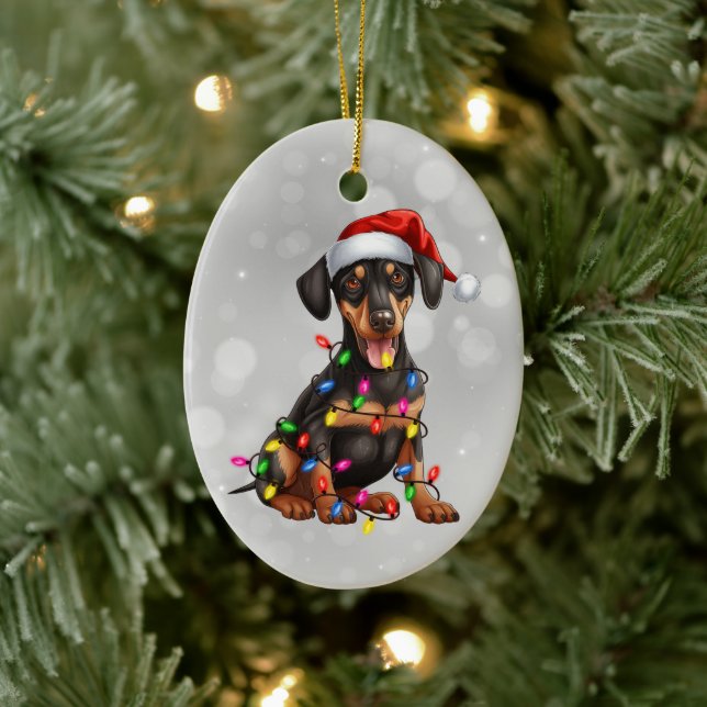 Ornamento De Cerâmica Doberman Pinscher Puppy em Luzes de Natal (Árvore)