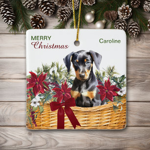 Ornamento De Cerâmica Doberman Pinscher Puppy Poinsettia Foliday Basket