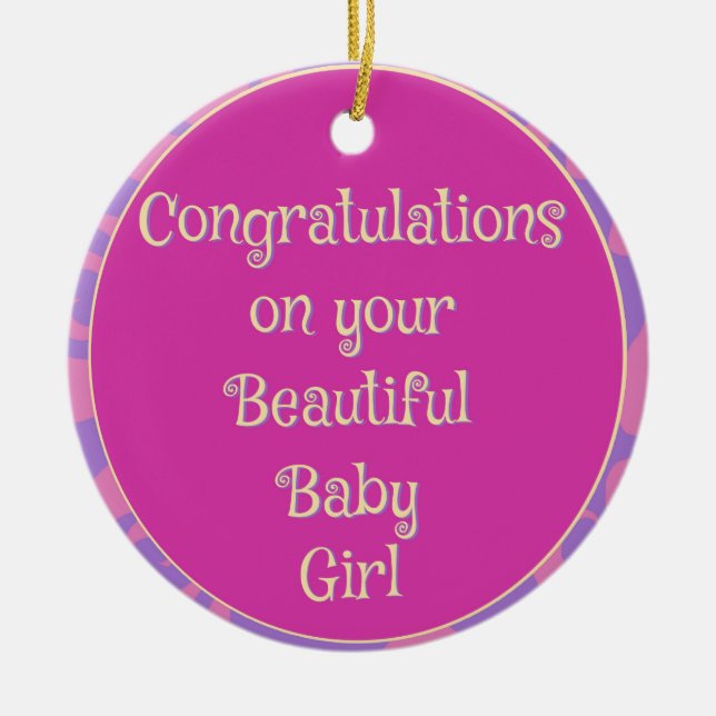Ornamento De Cerâmica Doce Parabéns na Bebê Menina Púrpura Rosa (Frente)
