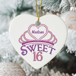 Ornamento De Cerâmica Doce Sessenta Noite Personalizado de Coração Rosa<br><div class="desc">Um bonito e doce Enfeites de natal de presente de 16 anos com uma bela tiara rosa topeada com um coração roxo giro e o nome da sua adolescente dentro. Palavras Doce 16 escritas em belo roteiro para a sua adolescente menina.</div>