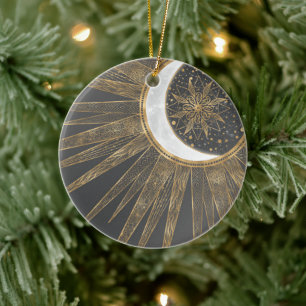 Ornamento De Cerâmica Dodles Dourados Elegantes Sun Moon Mandala Design