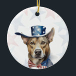 Ornamento De Cerâmica Dog, 4th of july Personalized<br><div class="desc">Celebrate your love for your furry friend and American pride with this personalized 4th of July dog ornament 🇺🇸🐾 The design features a watercolor dog wearing a stars-and-stripes hat on a soft red and blue stars background. Personalize the back with your dog’s name, a custom 4th of July greeting, and...</div>