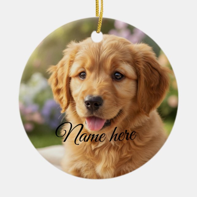 Ornamento De Cerâmica Dog cat pet name photo template simple minimal  (Frente)