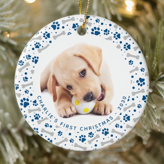 Ornamento De Cerâmica Dog Holiday Paw Imprime 2 Pet Foto Personalizada (Criador carregado)
