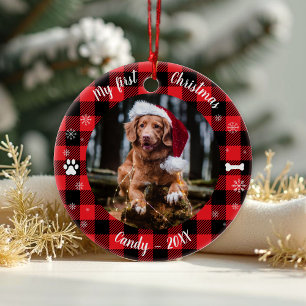 Ornamento De Cerâmica Dog Pet First Christmas Photo Rustic Buffalo Check