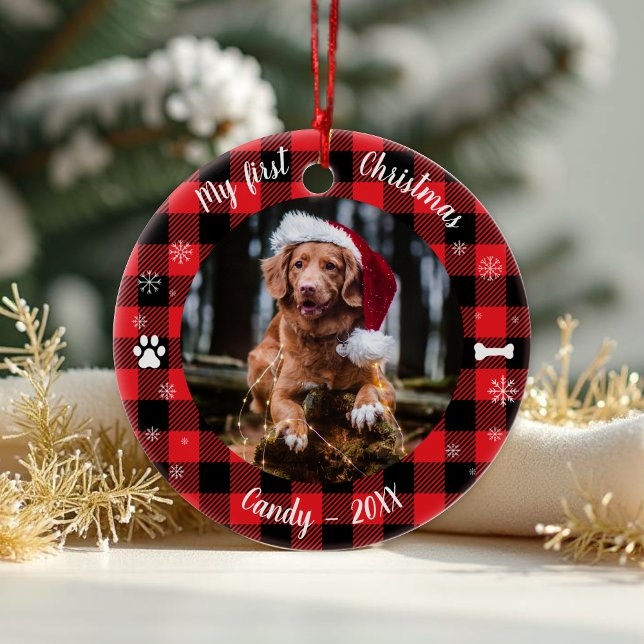 Ornamento De Cerâmica Dog Pet First Christmas Photo Rustic Buffalo Check (Criador carregado)