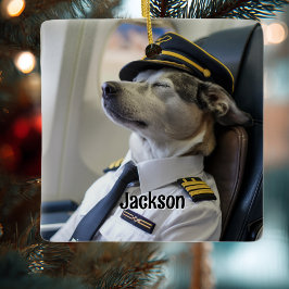 Ornamento De Cerâmica Dog Pilot & Airplane Funny Aviation Christmas Fun