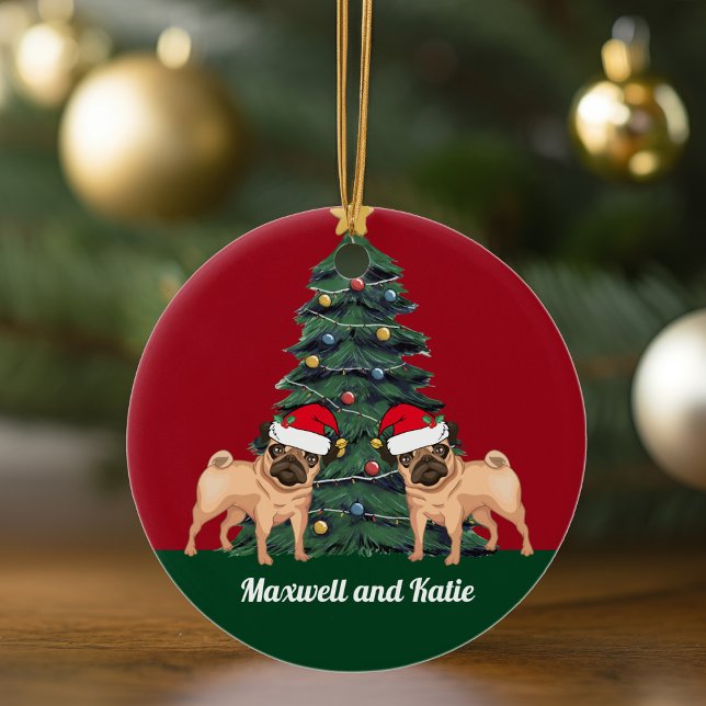 Ornamento De Cerâmica Dois Cachorros de Natal em Santa Hat Personalizado (Criador carregado)