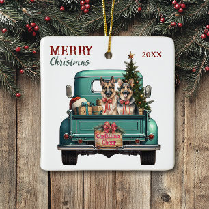Ornamento De Cerâmica Dois Cães Pastor Alemão Caminhão Retro Natal
