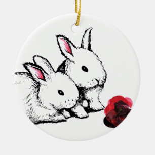Ornamento De Cerâmica Dois coelhos brancos pequenos