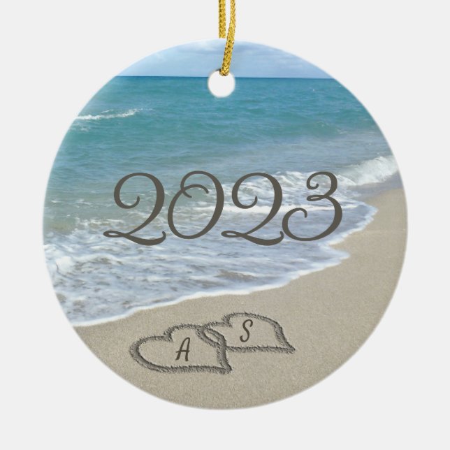 Ornamento De Cerâmica Dois Corações de Areia na Praia (Frente)