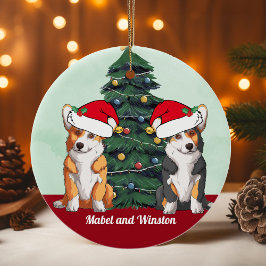 Ornamento De Cerâmica Dois Corgi Tricolor Red White Santa Hat Natal