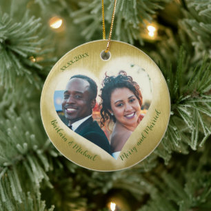 Ornamento De Cerâmica Dois Foto Feliz e Casado Data Coração