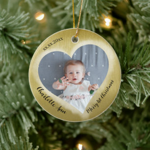 Ornamento De Cerâmica Dois Fotos Bebê Primeiro Natal Data Coração